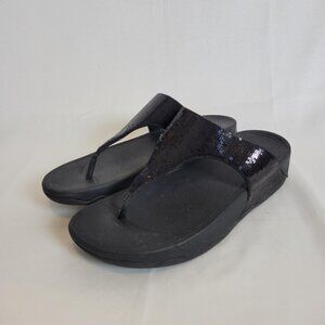 FitFlop Lulus Black Sequin Flip Flops Sandals Size 10 Women's Fitness Beach Walk